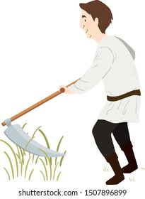 Ilustración de un agricultor medieval trabajando en los campos y utilizando un cisne
