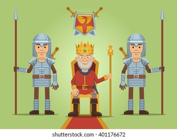 Illustration of a medieval old king sitting on a throne. Confident king with his knights, isolated on abstract background. Flat style vector illustration