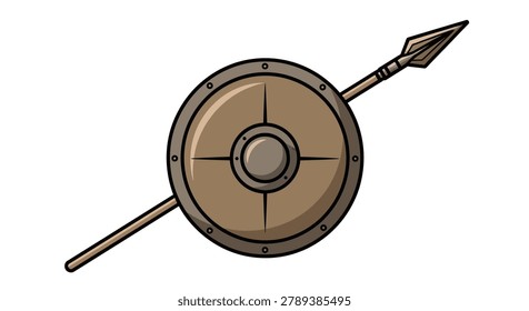 Illustration of a medieval round shield and a spear, isolated on a white background. Symbol of ancient combat and defense.