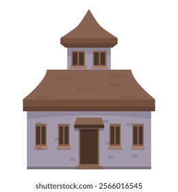 Illustration of a medieval stone building with a brown roof and spire, featuring multiple windows