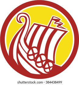 Illustration of medieval Viking ship longboat sailboat with shield viewed from the side set inside circle done in retro style on isolated background.