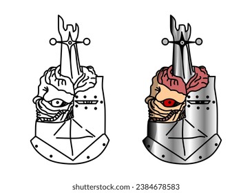 Illustration of a medieval Warrior Head Costume with monster brains and skin. Medieval Broken Iron Helmet Design