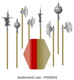 Illustration of medieval weapons and shield - vector. Rasterized version also available in portfolio.