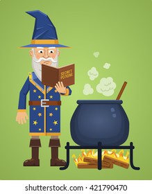 Illustration of a medieval wizard reading a book and making a potion. Fantasy magician, warlock, sorcerer. Flat style vector illustration