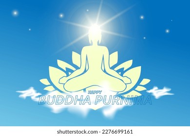 ilustración de Buda meditando en la nube y flor de loto, vista de cielo despejado en el día, para festival budista, Buda feliz Purnima Vesak, afiche, pancarta, fondo, diseño de impresión