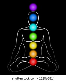 Illustration of a meditating man in yoga position with the seven main chakras. Black background.