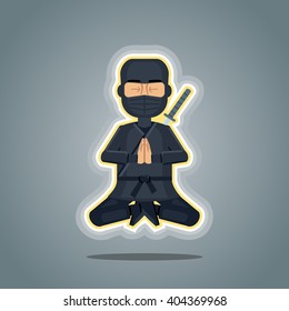 Illustration of a meditating ninja. Peaceful ninja in black clothing isolated on abstract background. Flat style vector illustration