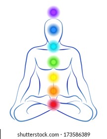 Illustration of a meditating person in yoga position with the seven main chakras.