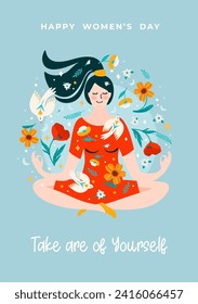 Illustration with meditating woman, flowers and birds. Vector design concept for International Women s Day and other use