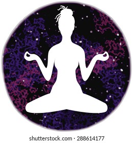Illustration of meditation in lotus position of yoga. White silhouette of woman with dreadlocks isolated on a colorful round background of universe.