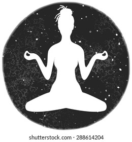 Illustration of meditation in lotus position of yoga. White silhouette of woman with dreadlocks isolated on a grey round background of universe.