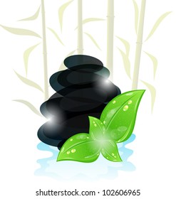 Illustration meditative oriental background with cairn stones and eco green leaves - vector