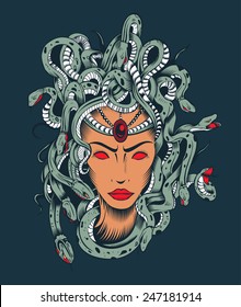 Illustration of Medusa Gorgon head with poison snakes.