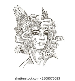 Ilustración de Medusa gorgona con serpientes