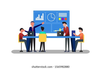 illustration of a meeting with a business diagram percentage