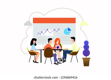 illustration of meeting with a team in a modern vector office space. Meeting Business Team