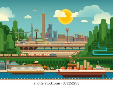 Ilustración de la mega ciudad. Ilustración vectorial.