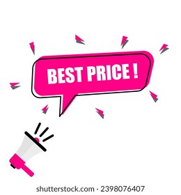 Illustration of megaphone and best price speech bubble. Banner for business marketing and advertising.