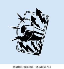 Illustration of a megaphone emerging from a smartphone, symbolizing digital communication, online influence, and social media outreach. Arrows indicate spreading messages. Funky vector illustration.