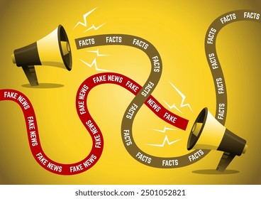 An illustration of Megaphone with Facts vs Fake News. Social media propaganda. False and truth information spreading. Conspiracy theory