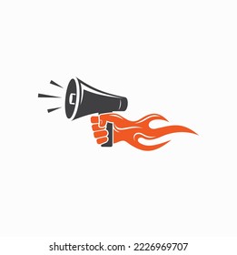 ilustración de megáfono, mano y fuego.