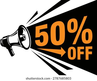 Illustration of a megaphone projecting the text fifty percent off 
