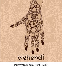 Illustration with mehendi drawing on woman`s hand