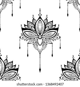 illustration mehendi Lotus flower henna ornamental ethnic zen tangle  motif tattoo seamless pattern vector black and white for printing 