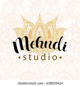 Illustration mehndi studio logo and decorative lotuse, modern hand drawn lettering