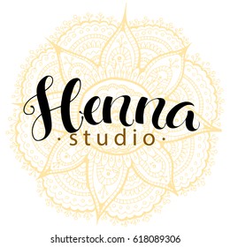 Illustration mehndi studio logo and decorative lotuse, modern hand drawn lettering