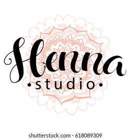 Illustration mehndi studio logo and decorative lotuse, modern hand drawn lettering