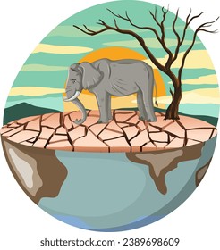 Illustration of a melancholic elephant surrounded by a dry, deforested environment