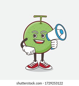 An illustration of Melon Fruit cartoon mascot character holding a megaphone