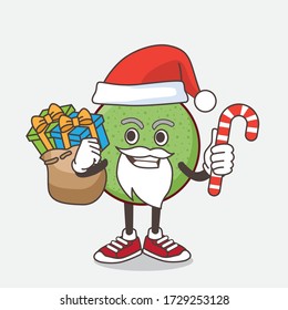 An illustration of Melon Fruit cartoon mascot character in Santa costume with candy