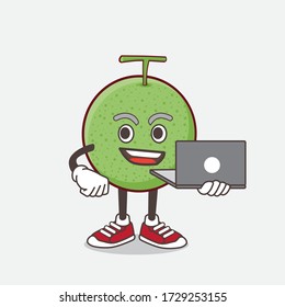 An illustration of Melon Fruit cartoon mascot character working with laptop