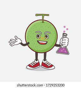 An illustration of Melon Fruit cartoon mascot professor character with glass tube
