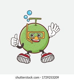 An illustration of Melon Fruit cartoon mascot character wearing Diving gears