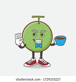 An illustration of Melon Fruit cartoon mascot character with a cup of coffee