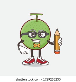 An illustration of Melon Fruit cartoon mascot character holding pencil