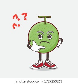 An illustration of Melon Fruit cartoon mascot character in a confused gesture