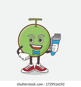 An illustration of Melon Fruit cartoon mascot character as smiling barber with hair clipper on hand