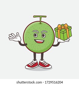 An illustration of Melon Fruit cartoon mascot character with a box of gift