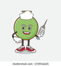 An illustration of Melon Fruit cartoon mascot character as nurse with medical syringe