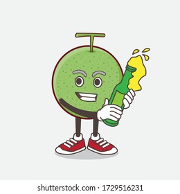 An illustration of Melon Fruit cartoon mascot character holding a bottle of beer