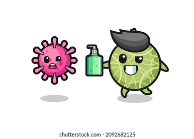 illustration of melon fruit character chasing evil virus with hand sanitizer , cute style design for t shirt, sticker, logo element