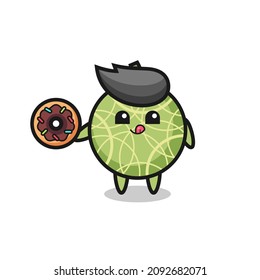 illustration of an melon fruit character eating a doughnut , cute style design for t shirt, sticker, logo element