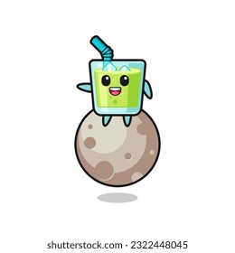 illustration of melon juice cartoon sitting on the moon , cute style design for t shirt, sticker, logo element