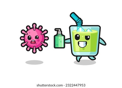 illustration of melon juice character chasing evil virus with hand sanitizer , cute style design for t shirt, sticker, logo element