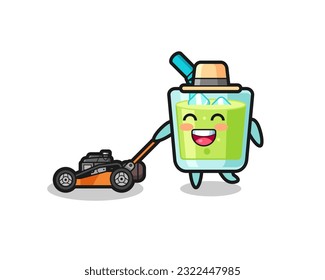 ilustración del personaje del jugo de melón usando cortadora de césped , diseño de estilo lindo para camiseta, pegatina, elemento logotipo