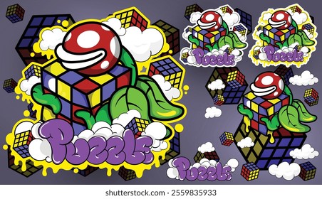 Illustration of a melting cube wrapped around a monster. Pop Art Mix of Charm and Uniqueness, t-shirt and sticker vector design, eps 10, editable.